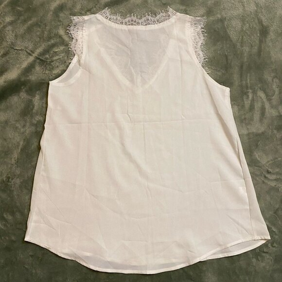 Women Sheer Chiffon Lace Trim V-Neck Sleeveless Blouse Small White Curve Hem - Picture 9 of 16